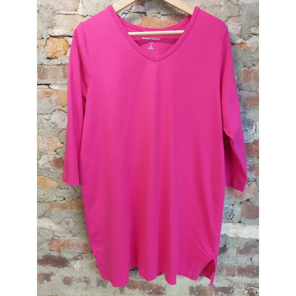 Woman Within Womens Plus Size Tunic Top 14/16 Hot Pink 3/4 Sleeve V Neck